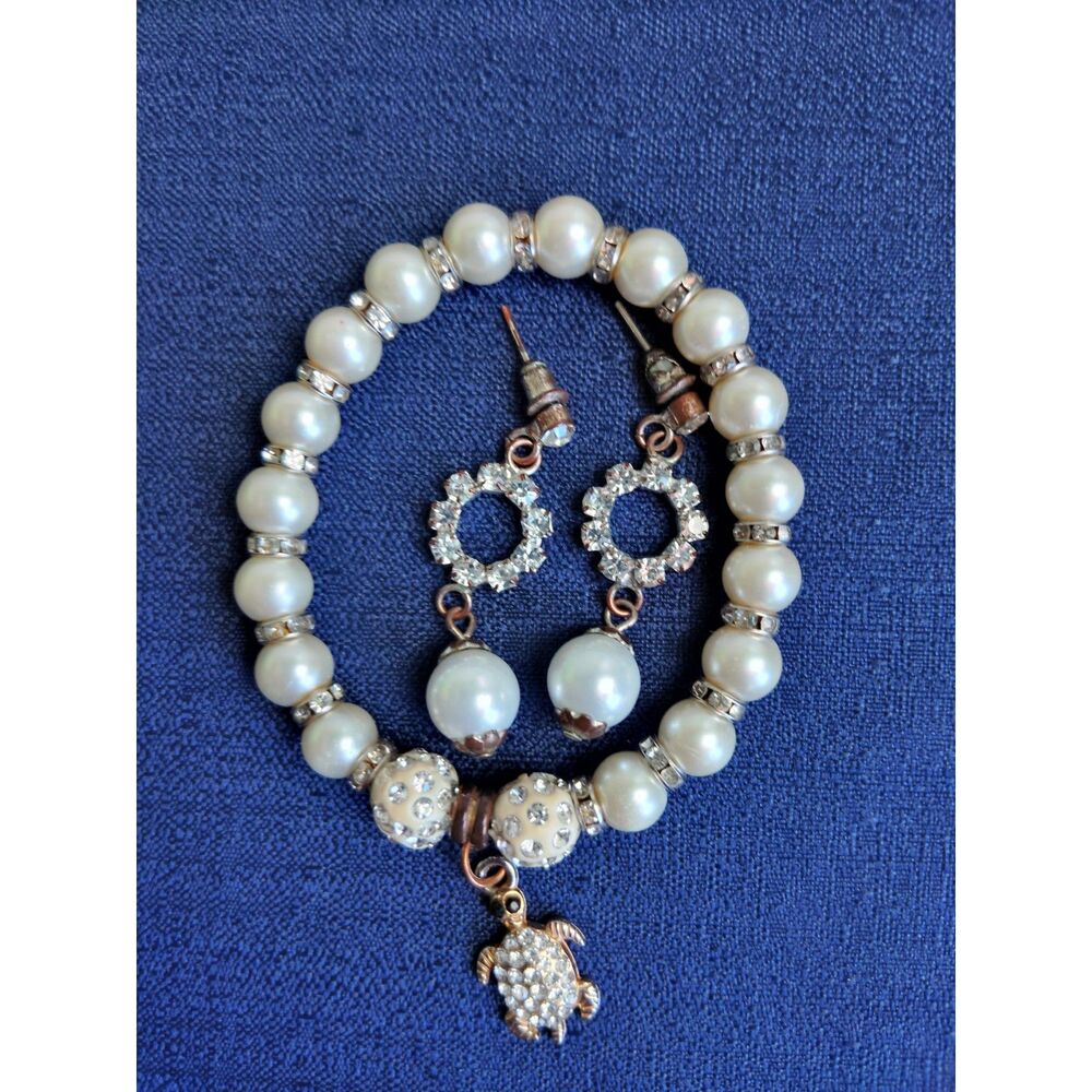 Faux Pearl Rhinestone Drop Earrings  & Turtle Charm Stretch Bracelet Set
